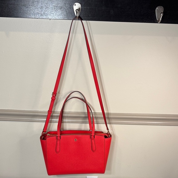 Tory Burch Emerson Small Top Zip Tote Handbag in Brilliant Red Saffiano Leather - Picture 3 of 14